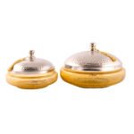 Duo Bonbonnière soucoupe haut de gamme en verre soufflé craquelé avec couvercle en cuivre martelé fait à la main GM + PM