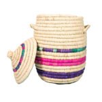 Panier de rangement GM rond tressé à la main en fibre de palmier naturelle bicolor design arabesque