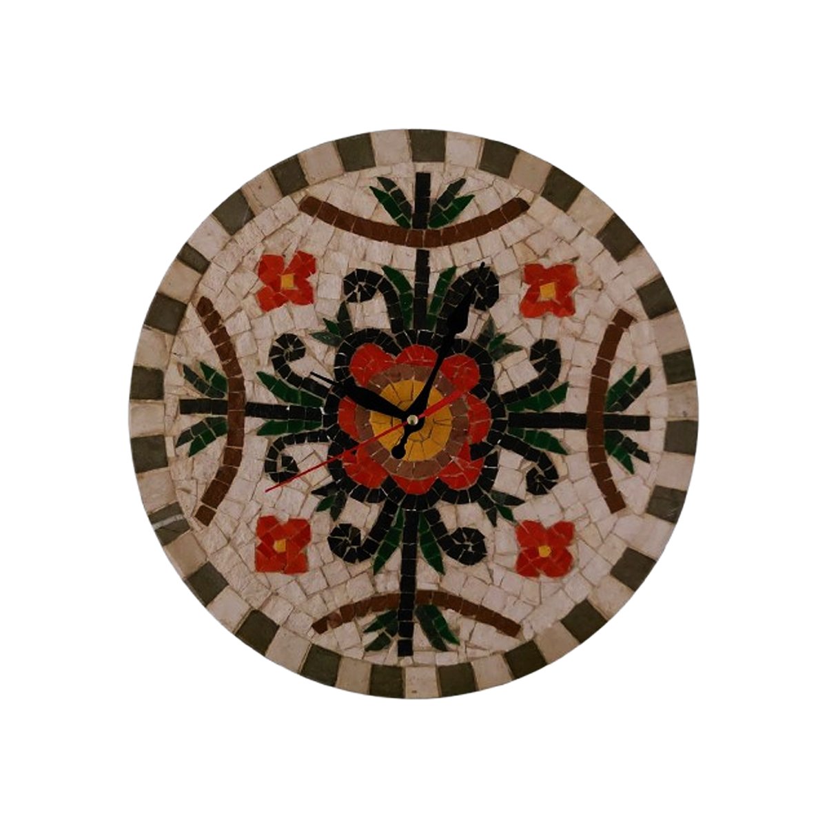 BYK 1011 Horloge murale ronde en mosaïque romaine fait à la main haut de gamme motif Florale de la collection Art Murale – Image 1