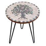 Table ronde plateau en mosaïque romaine fait à la main haut de gamme structure en fer forgé artisanal motif L’olivier de la collection Artistique