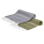 Set de 2 Serviette en coton - Fouta Bali  XL En Gris et Vert kaki rayée blanc PTZ 2011