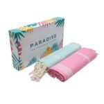 2 Serviette Fouta Bali traditionnelle  En Vert d’eau et Rose bonbon – Image 4
