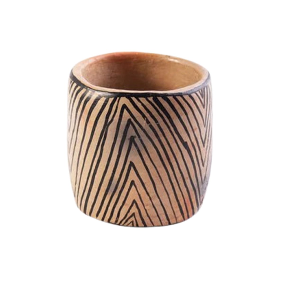 HKJ 1317 Collection Héritage Khalti Jomaa – Petit cache pot tubulaire aux rayures contrastées en noir et beige en Poterie de sejnane – Image 1