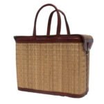 Sac Ecologique Couffin multi-usage avec deux poignées au look intemporel en fibre  naturelle avec habillage et en cuir véritable en marron T3