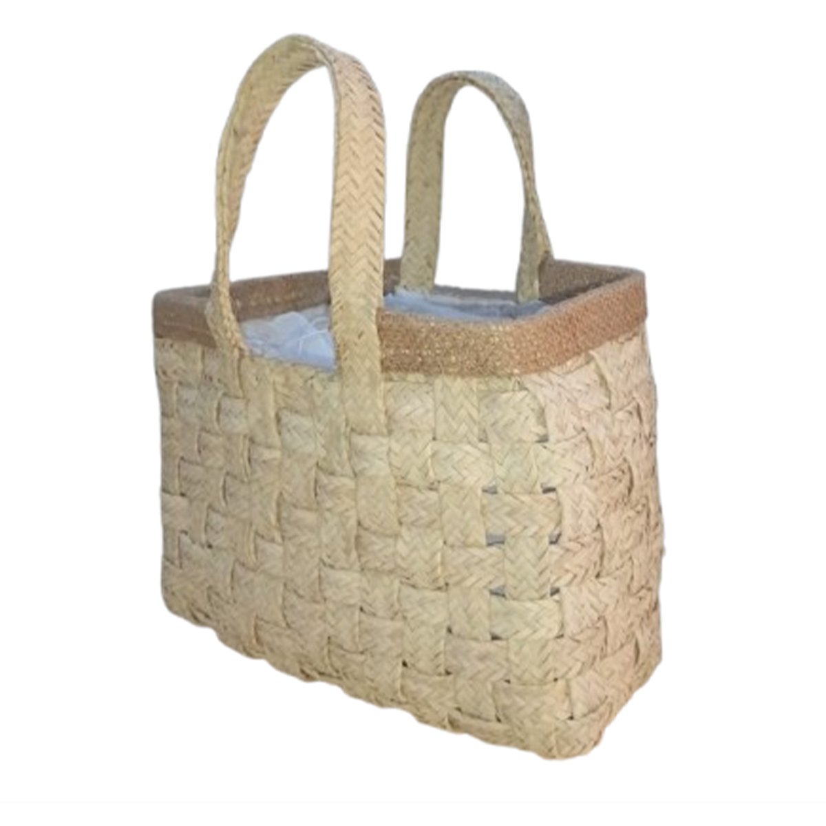 MHN 6470 Sac fashion haute gamme design vintage en tresses croisée couleur naturel avec deux poignées bordure en cuir véritable habillage en tissus fabrication artisanal GM – Image 1