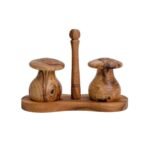 Duo Salière et Poivrière Rustique haute gamme design champignons avec support en Bois d'Olivier fait main