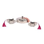 Coffret cadeau haut de gamme duo plaisir 3 pièces * 1 Boîte à Délices ronde design arabesque et 2 Mini assiettes à desserts design khamsa en cuivre martelé fait à la main
