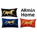 Coussin rectangulaire orange haut de gamme en velours de qualité supérieure motif brodé cheval doré de style vintage – Image 3