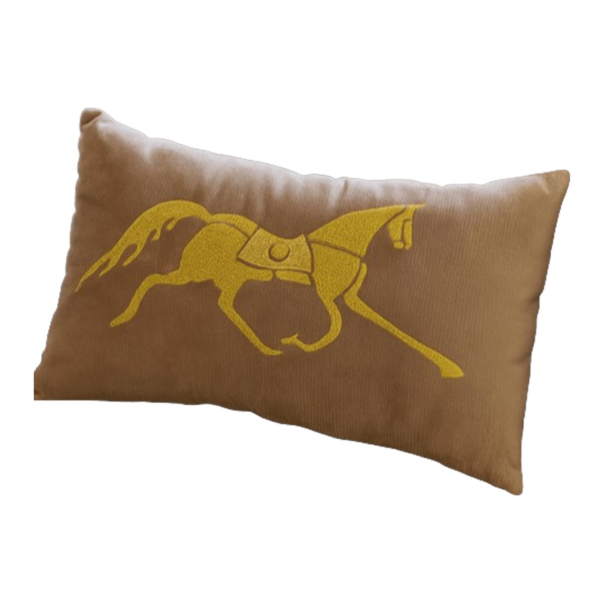 ARH 7015 Coussin rectangulaire marron haut de gamme en velours de qualité supérieure motif cheval brodé doré de style vintage – Image 1