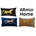Coussin rectangulaire marron haut de gamme en velours de qualité supérieure motif cheval brodé doré de style vintage – Image 3