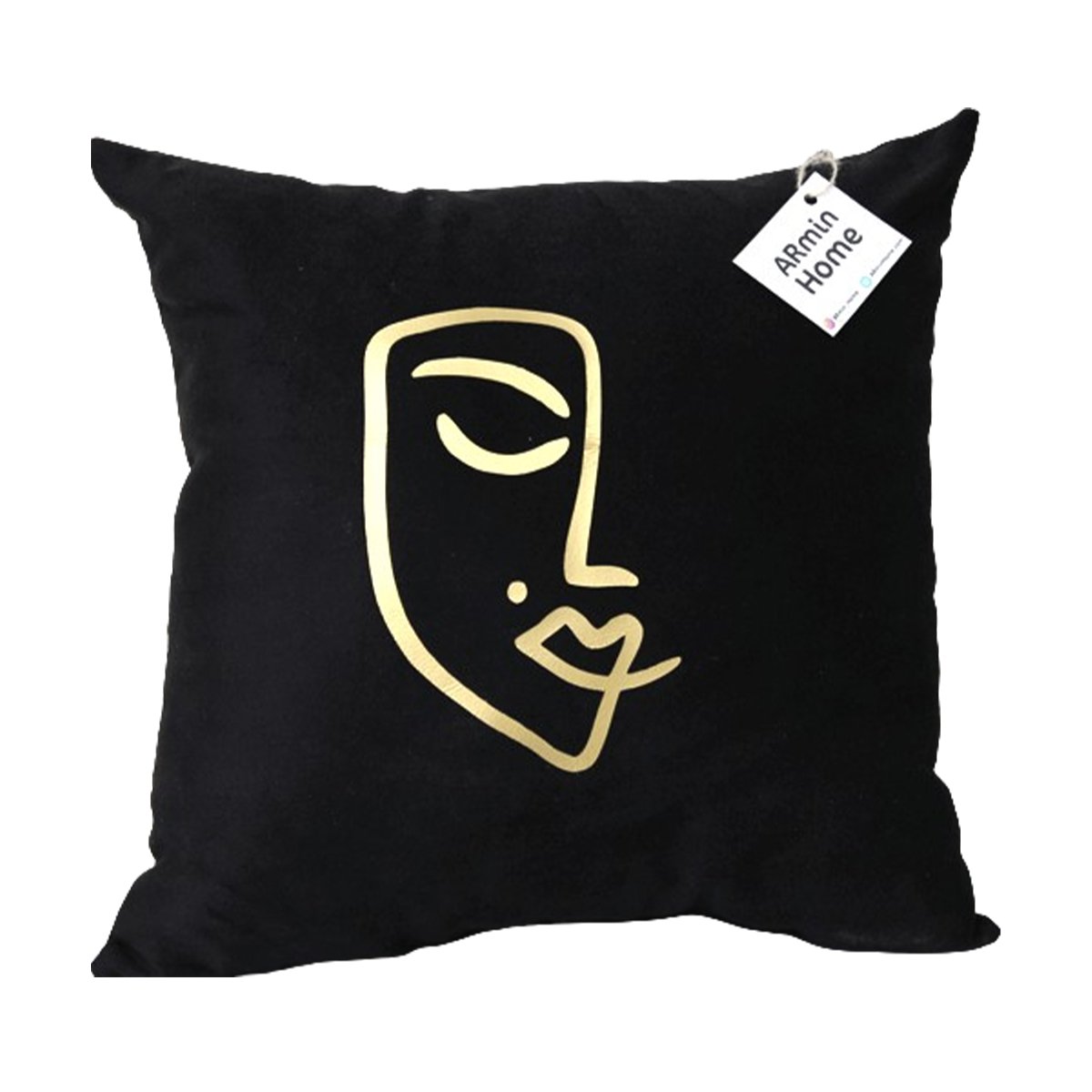 ARH 7017 Coussin carrée noir haut de gamme en velours de qualité supérieure motif Women Face brodé doré de style vintage – Image 1
