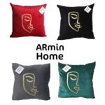 Coussin carrée gris haut de gamme en velours de qualité supérieure motif Women Face  brodé doré de style vintage – Image 3