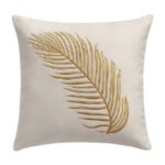 Coussin carrée blanc sale haut de gamme en velours de qualité supérieure motif plume brodé doré de style vintage