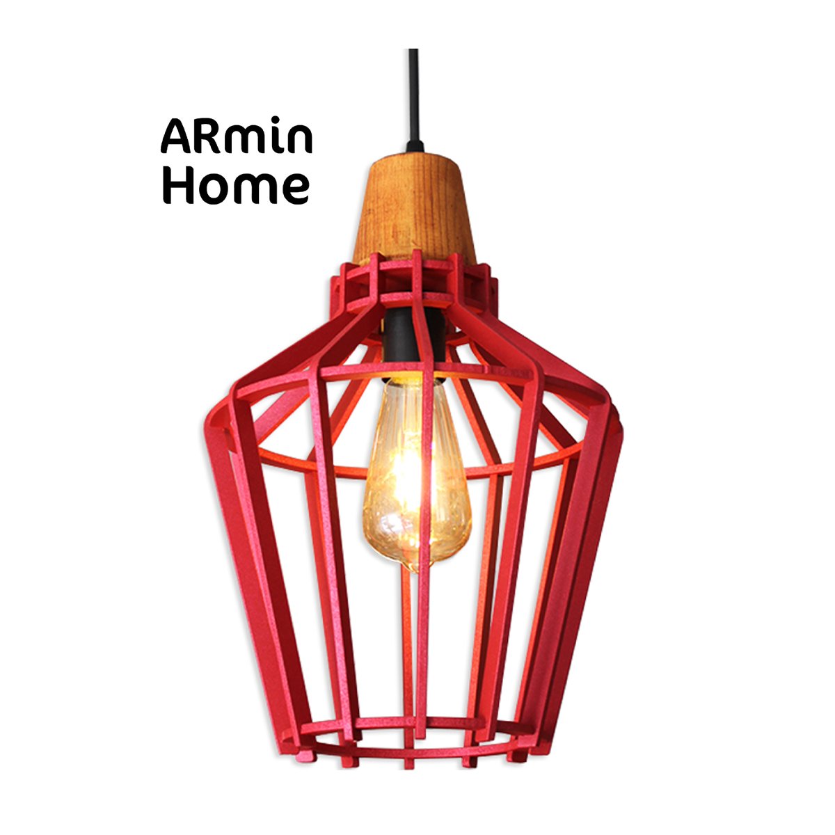ARH 8011 Suspension design Armin Home rouge en bois Suspension ajourée en lamelles de bois de style vintage fabrication artisanale T3 – Image 1