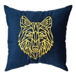 Coussin carrée bleu roi haut de gamme en velours de qualité supérieure motif loup brodé doré de style vintage