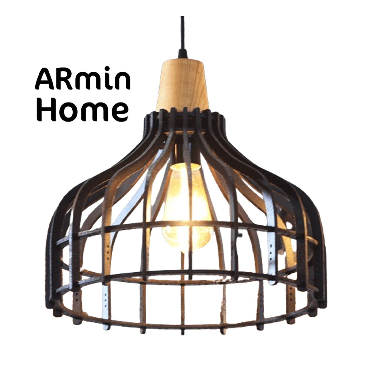 ARH 8027 Suspension design Armin Home noir en bois Suspension ajourée en lamelles de bois et fibres de style vintage fabrication artisanale T5 – Image 1