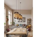 Suspension Cordy noir Lampes design Armin Home en bois Suspension ajourée en lamelles de bois et fibre naturelle de style vintage fabrication artisanale T7 – Image 2