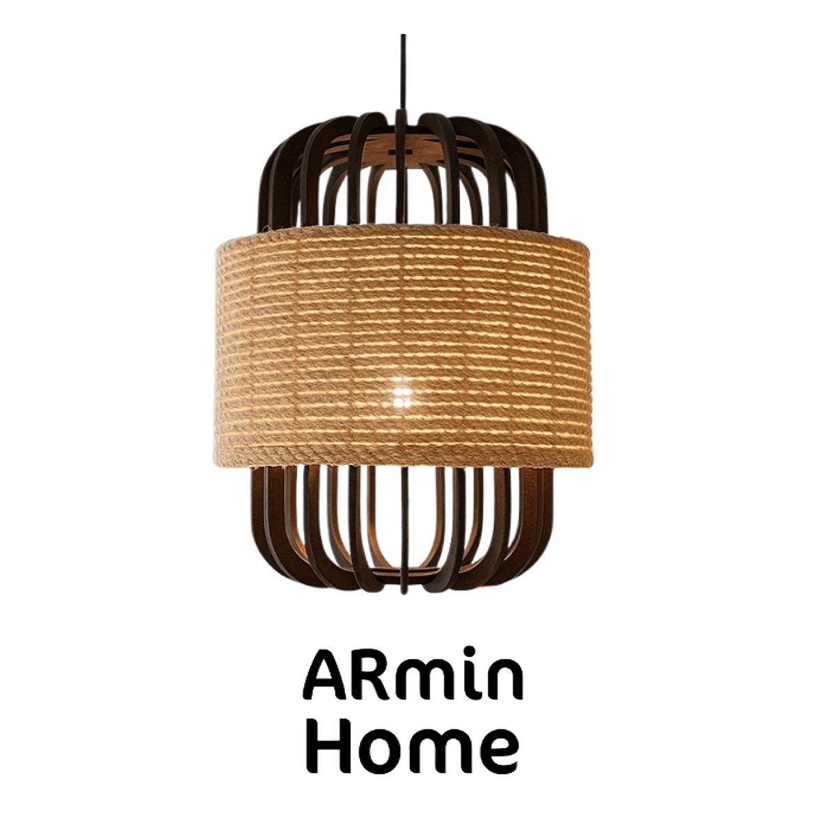ARH 8032 Suspension Cordy noir Lampes design Armin Home en bois Suspension ajourée en lamelles de bois et fibre naturelle de style vintage fabrication artisanale T7 – Image 1