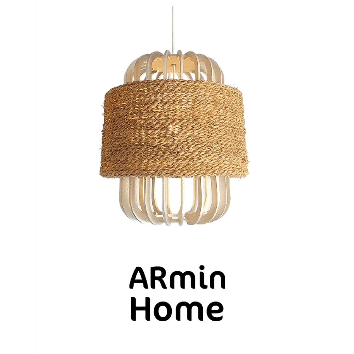 ARH 8033 Suspension Cordy beige Lampes design Armin Home en bois Suspension ajourée en lamelles de bois et fibre naturelle de style vintage fabrication artisanale T7 – Image 1