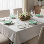 Ensemble 1 Nappe et 6 Serviette de Table haut de gamme en Vert d’eau confectionnée en 100% lin قمرايا raffinées fait à la main M18 – Image 2
