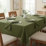 Ensemble 1 Nappe et 6 Serviette de Table haut de gamme en vert militaire confectionnée en 100% lin قمرايا raffinées fait à la main M11 – Image 2